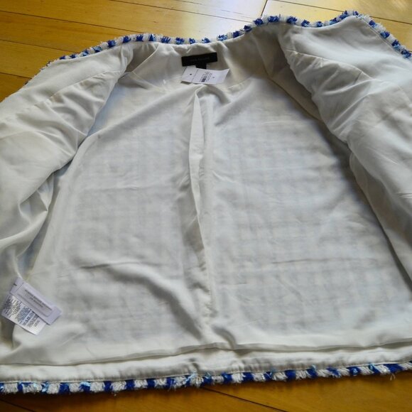 Ann Taylor Women’s Cropped Fringe Tweed Jacket Blue white Sz 8 office preppy - Picture 7 of 14